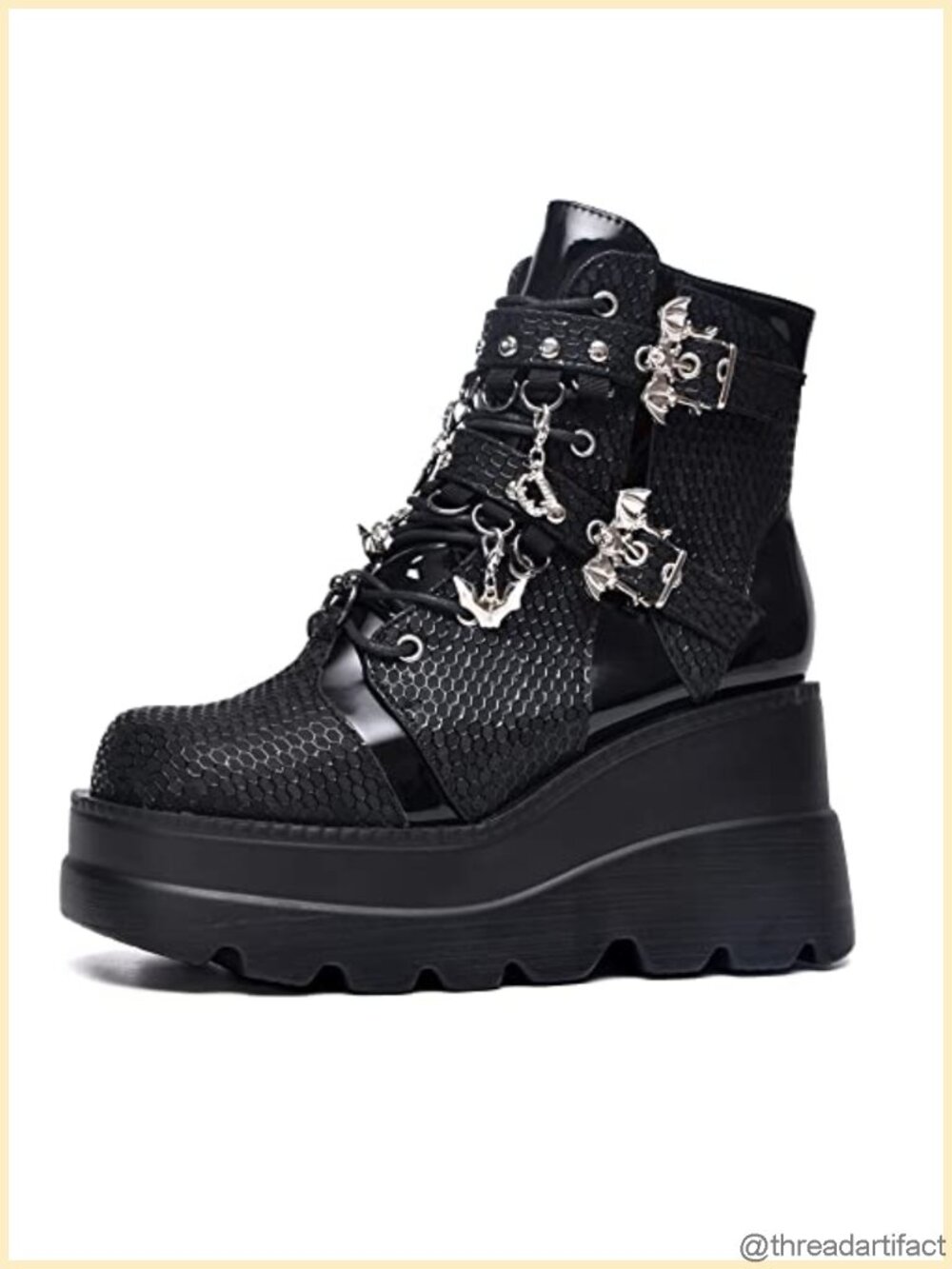 Platform Goth Ankle Boots Faux Leather Combat Chunky Heel Side Zip Lace Up